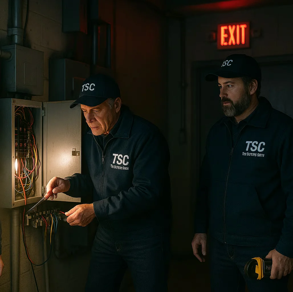 Technicians servicing an electrical panel