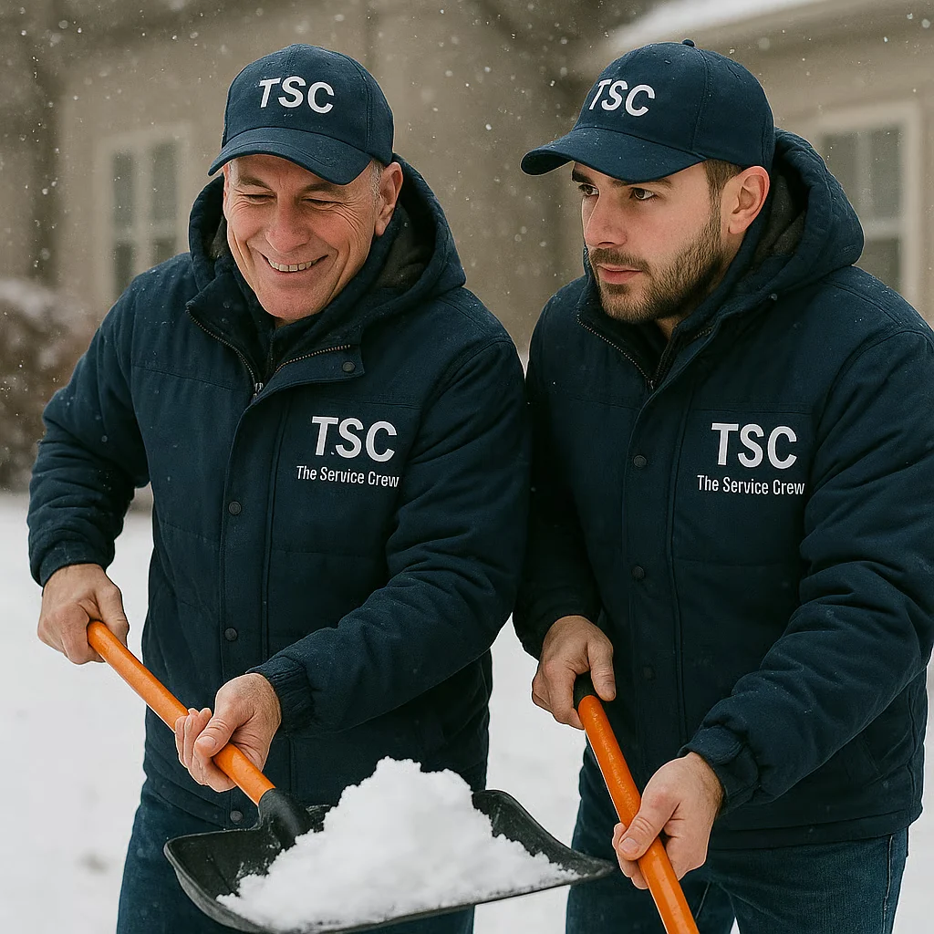 Crew clearing snow outside a property